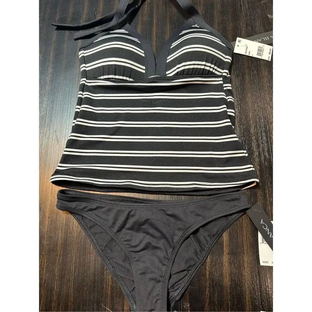 La Blanca NWT set size 4 tankini top & black bottoms striped black and white